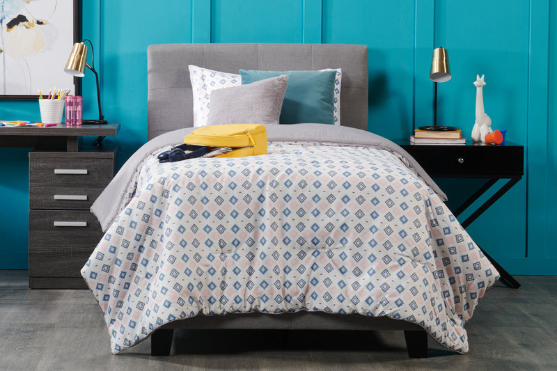 Lit rembourré Tara en tissu d’apparence lin gris avec capitonnage à boutons - format lit simple