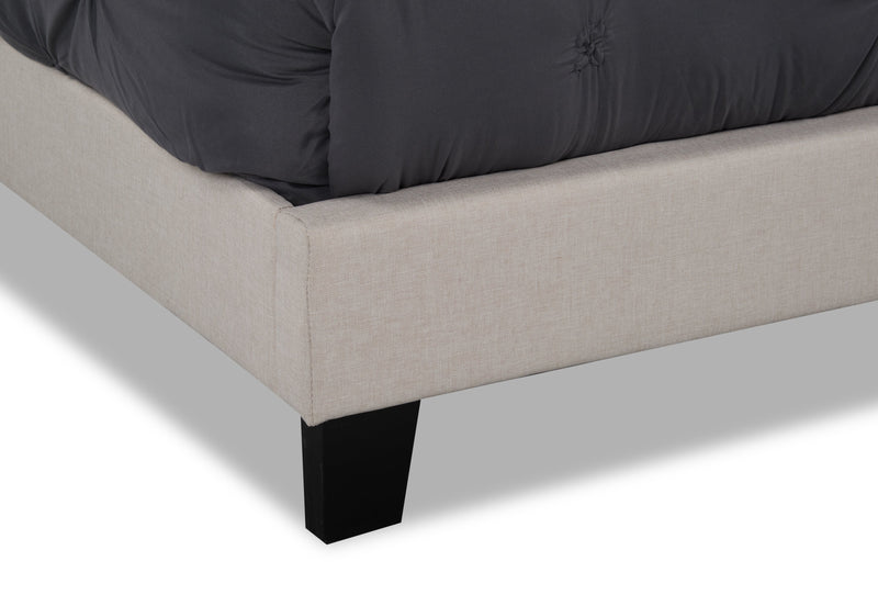 Lit rembourré Tara en tissu d’apparence lin beige avec capitonnage à boutons - format lit double