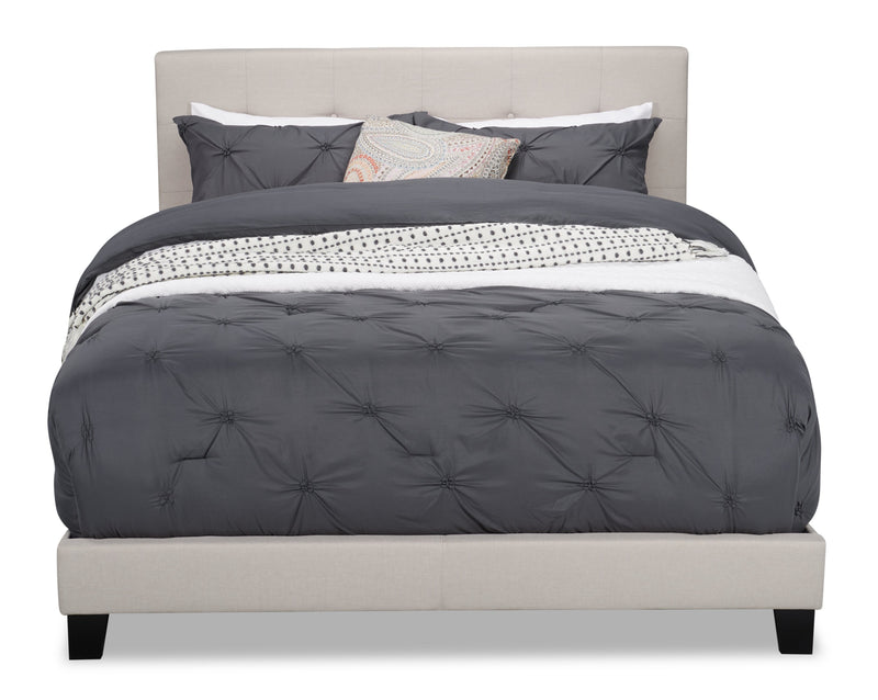 Lit rembourré Tara en tissu d’apparence lin beige avec capitonnage à boutons - format lit double