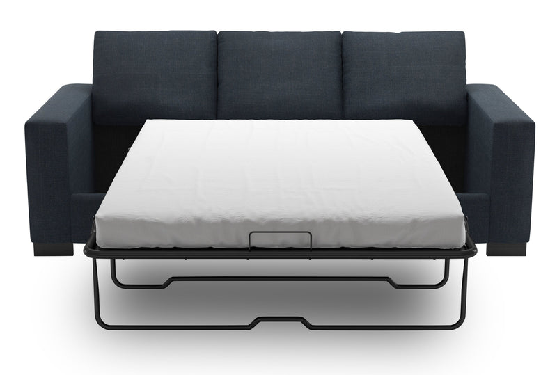 Sofa-lit personnalisable Track de Sofa Lab de 85 po fabriqué au Canada en tissu d’apparence lin avec accoudoirs rectilignes - bleu Luna Sailor