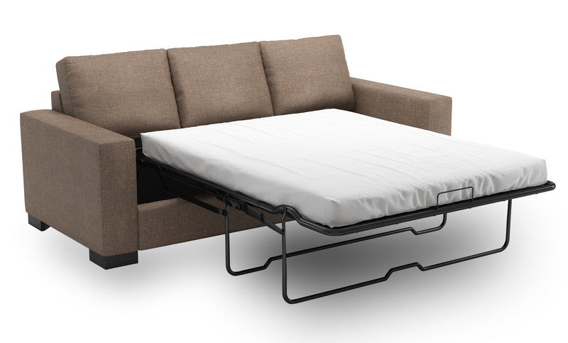 Sofa-lit personnalisable Track de Sofa Lab de 85 po fabriqué au Canada en tissu d’apparence lin avec accoudoirs rectilignes - brun Luna Praline