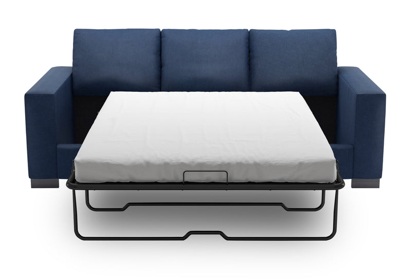 Sofa-lit personnalisable Track de Sofa Lab de 85 po fabriqué au Canada en tissu d’apparence lin avec accoudoirs rectilignes - bleu Pax Navy