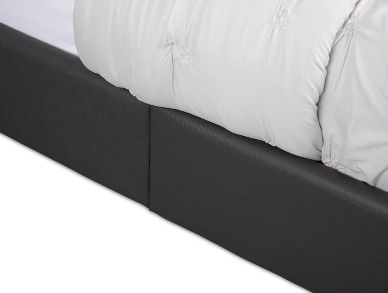 Lit plateforme rembourré Tulsa en tissu de cuir végétalien gris avec capitonnage à boutons - format lit double