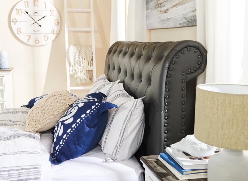 Lit plateforme rembourré Tulsa en tissu de cuir végétalien gris avec capitonnage à boutons - format grand lit