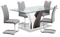  Ensemble de salle à manger Tuxedo 5 pièces avec table de 72 po (L), dessus en verre, base piédestal et 4 chaises - gris