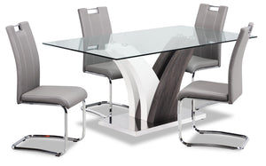 Ensemble de salle à manger Tuxedo 5 pièces avec table de 72 po (L), dessus en verre, base piédestal et 4 chaises - gris