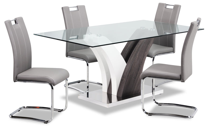Ensemble de salle à manger Tuxedo 5 pièces avec table de 72 po (L), dessus en verre, base piédestal et 4 chaises - gris