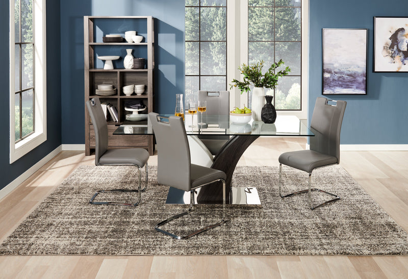 Ensemble de salle à manger Tuxedo 5 pièces avec table de 72 po (L), dessus en verre, base piédestal et 4 chaises - gris