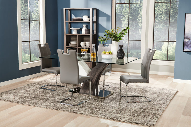 Ensemble de salle à manger Tuxedo 5 pièces avec table de 72 po (L), dessus en verre, base piédestal et 4 chaises - gris