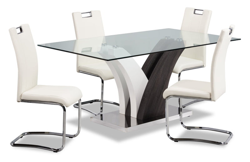 Ensemble de salle à manger Tuxedo 5 pièces avec table de 72 po (L), dessus en verre, base piédestal et 4 chaises - blanc