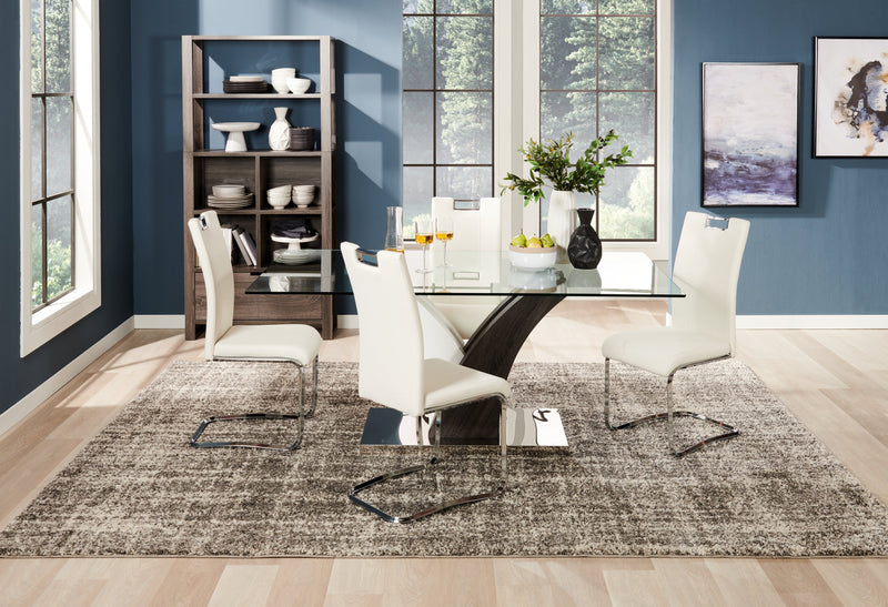 Ensemble de salle à manger Tuxedo 5 pièces avec table de 72 po (L), dessus en verre, base piédestal et 4 chaises - blanc