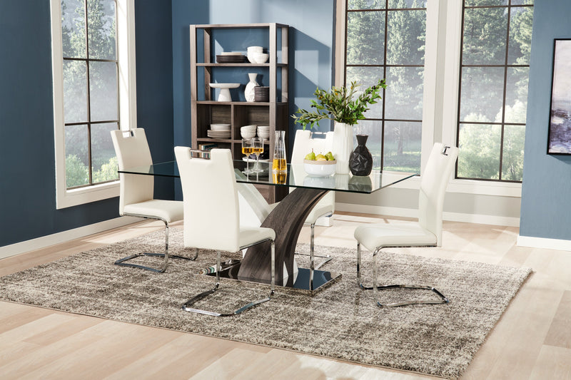 Ensemble de salle à manger Tuxedo 5 pièces avec table de 72 po (L), dessus en verre, base piédestal et 4 chaises - blanc