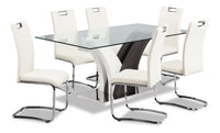  Ensemble de salle à manger Tuxedo 7 pièces avec table de 72 po (L), dessus en verre, base piédestal et 6 chaises - blanc