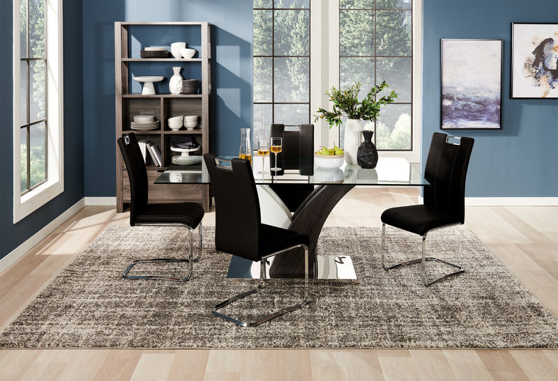 Ensemble de salle à manger Tuxedo 5 pièces avec table de 72 po (L), dessus en verre, base piédestal et 4 chaises - noir