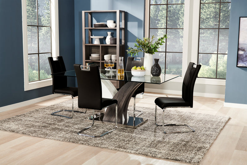 Ensemble de salle à manger Tuxedo 5 pièces avec table de 72 po (L), dessus en verre, base piédestal et 4 chaises - noir
