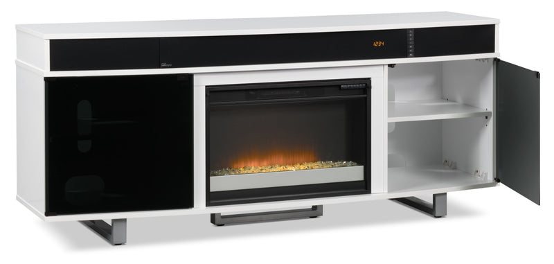 Meuble pour téléviseur moderne Odesos de 72 po avec foyer électrique, rangement et système de gestion des câbles pour téléviseurs jusqu’à 80 po - blanc