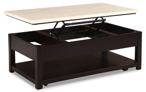 Table à café moderne Sicily de 48 po avec dessus relevable, rangement, tablette et roulettes - beige et brun foncé 