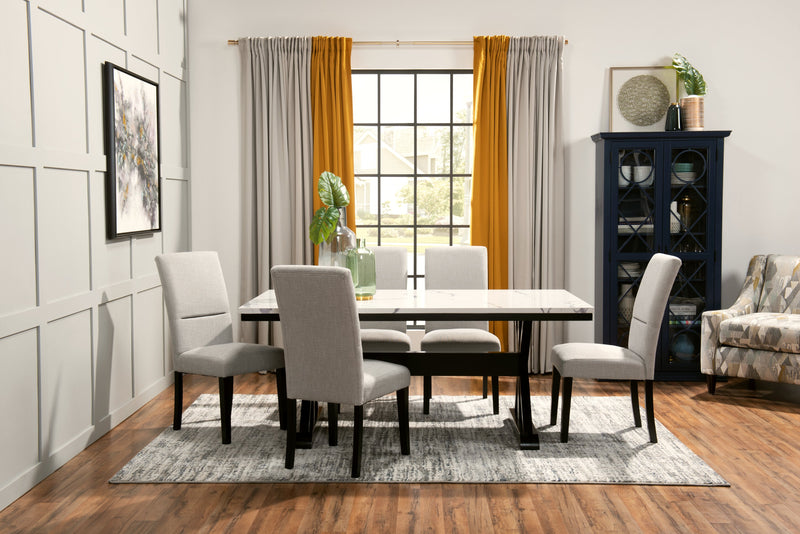 Table de salle à manger Verona de 70 po (L) avec dessus en marbre synthétique et base à tréteaux - blanche