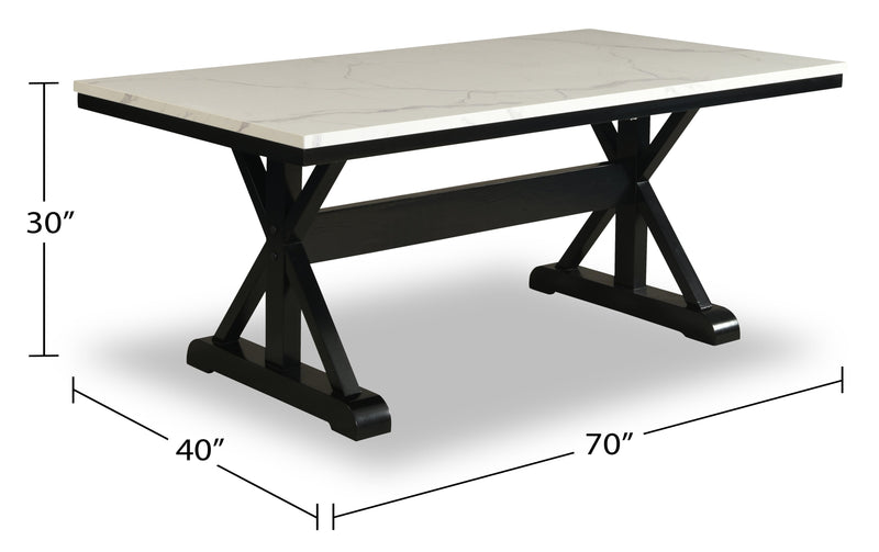 Table de salle à manger Verona de 70 po (L) avec dessus en marbre synthétique et base à tréteaux - blanche