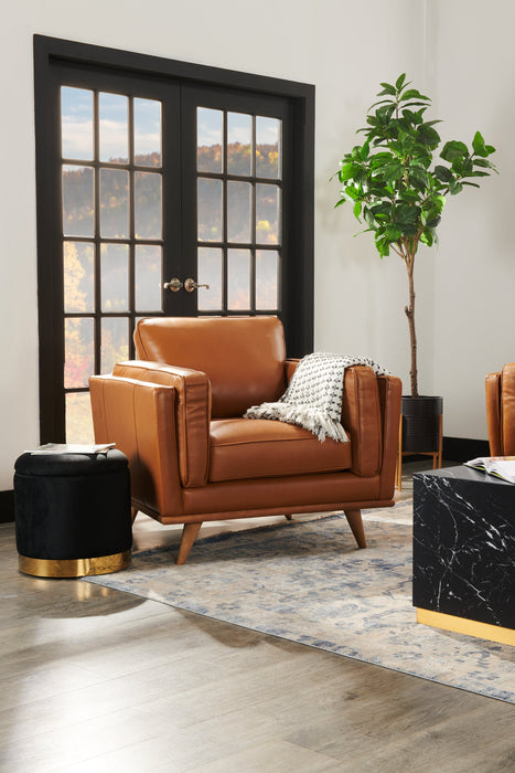 Fauteuil Vivia de 40 po en cuir véritable avec coussin de siège amovible et base en bois - brun caramel