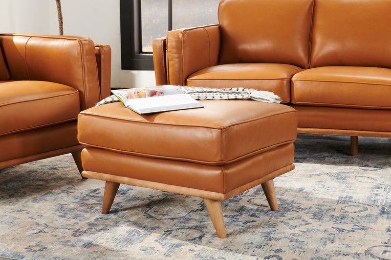 Pouf Vivia de 28 po en cuir véritable avec base en bois - brun caramel 
