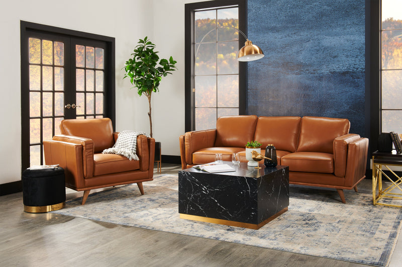 Sofa Vivia de 86 po en cuir véritable avec coussins de siège amovibles et pattes en bois - brun caramel 