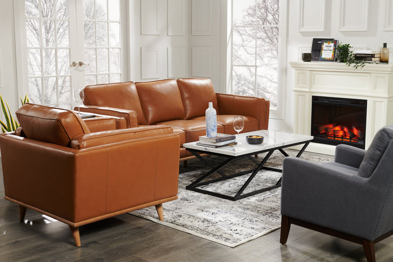 Sofa Vivia de 86 po en cuir véritable avec coussins de siège amovibles et pattes en bois - brun caramel 