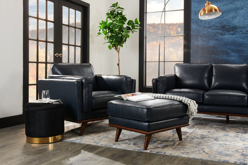 Fauteuil Vivia de 40 po en cuir véritable avec coussin de siège amovible et base en bois - bleu marine