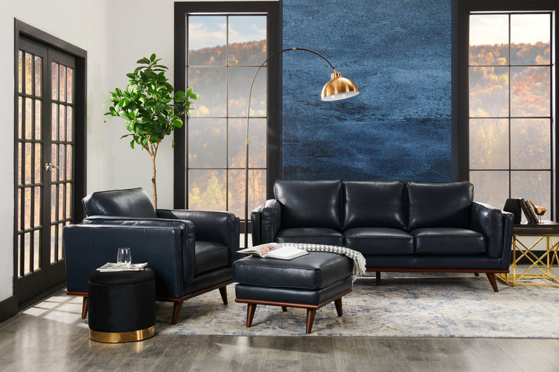 Pouf Vivia de 28 po en cuir véritable avec base en bois - bleu marine