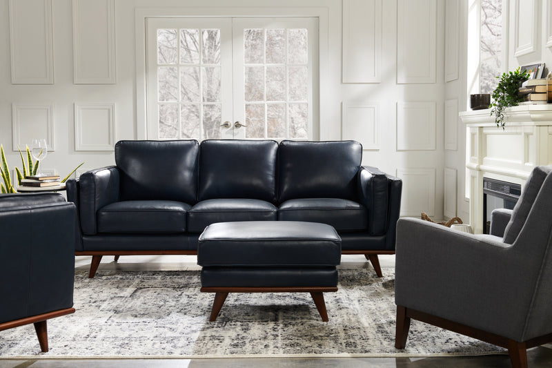 Pouf Vivia de 28 po en cuir véritable avec base en bois - bleu marine