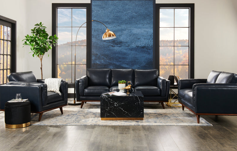 Sofa Vivia de 86 po en cuir véritable avec coussins de siège amovibles et pattes en bois - bleu marine