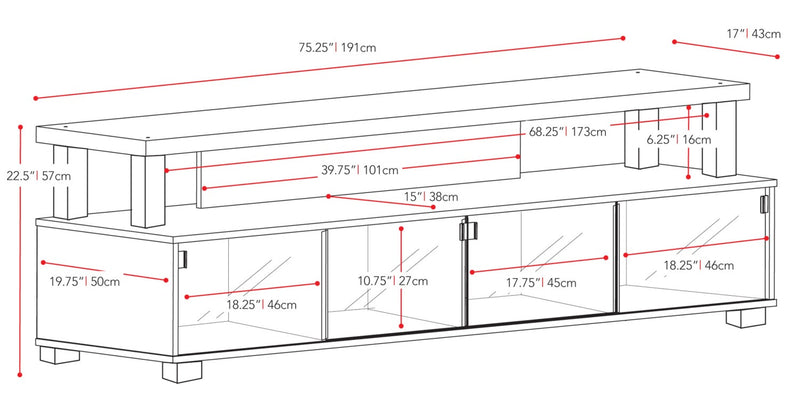 Meuble pour téléviseur moderne Bromley de 75 po avec rangement et système de gestion des câbles pour téléviseurs jusqu’à 85 po - noir avec verre
