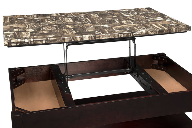 Table à café traditionnelle Sicily de 48 po avec dessus relevable, rangement, tablette et roulettes - brun foncé avec dessus en imitation de marbre