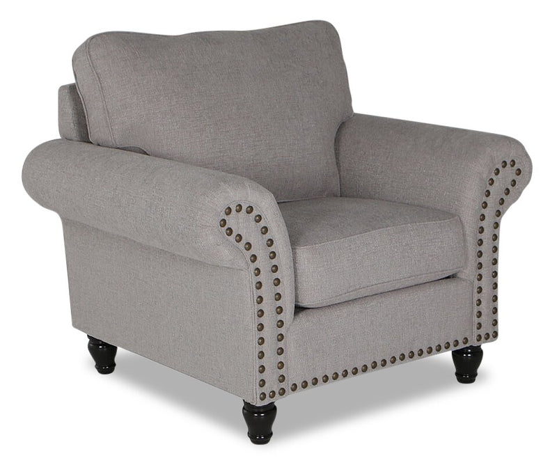Fauteuil Wynn de 47 po fabriqué au Canada en tissu de chenille avec bordure de clous décoratifs et pattes en oignon en bois - gris