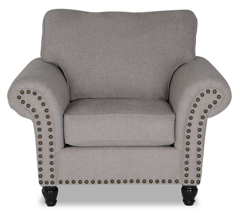 Fauteuil Wynn de 47 po fabriqué au Canada en tissu de chenille avec bordure de clous décoratifs et pattes en oignon en bois - gris