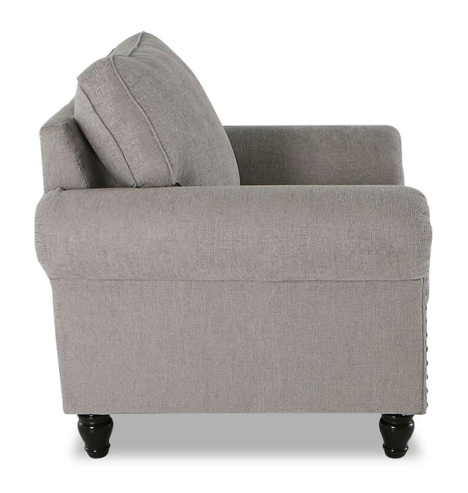 Fauteuil Wynn de 47 po fabriqué au Canada en tissu de chenille avec bordure de clous décoratifs et pattes en oignon en bois - gris