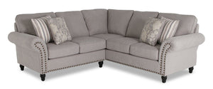Sofa sectionnel Wynn 2 pièces fabriqué au Canada en tissu de chenille avec bordure de clous décoratifs et pattes en oignon en bois - gris