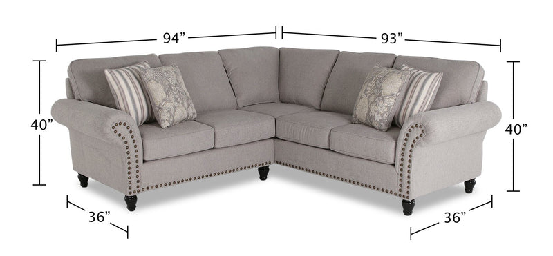Sofa sectionnel Wynn 2 pièces fabriqué au Canada en tissu de chenille avec bordure de clous décoratifs et pattes en oignon en bois - gris