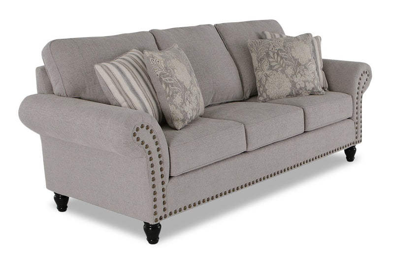Sofa Wynn de 93 po fabriqué au Canada en tissu de chenille avec bordure de clous décoratifs et pattes en oignon en bois - gris