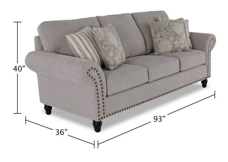Sofa Wynn de 93 po fabriqué au Canada en tissu de chenille avec bordure de clous décoratifs et pattes en oignon en bois - gris