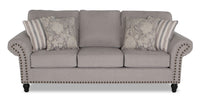  Sofa Wynn de 93 po fabriqué au Canada en tissu de chenille avec bordure de clous décoratifs et pattes en oignon en bois - gris