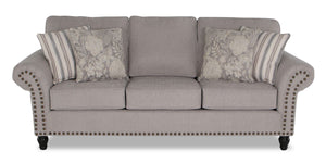 Sofa Wynn de 93 po fabriqué au Canada en tissu de chenille avec bordure de clous décoratifs et pattes en oignon en bois - gris