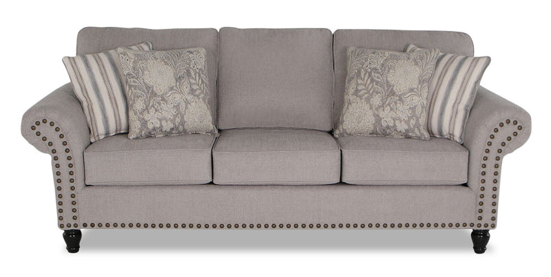 Sofa Wynn de 93 po fabriqué au Canada en tissu de chenille avec bordure de clous décoratifs et pattes en oignon en bois - gris