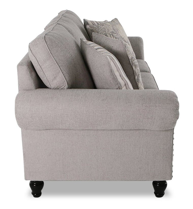 Sofa Wynn de 93 po fabriqué au Canada en tissu de chenille avec bordure de clous décoratifs et pattes en oignon en bois - gris