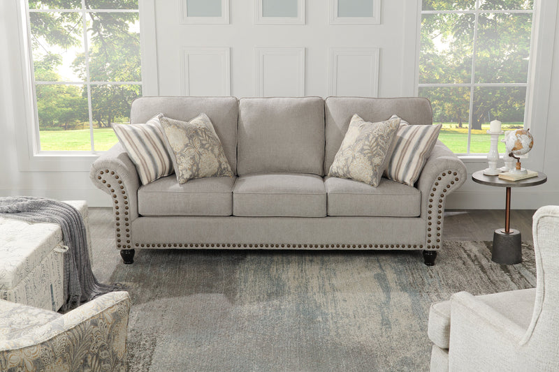 Sofa Wynn de 93 po fabriqué au Canada en tissu de chenille avec bordure de clous décoratifs et pattes en oignon en bois - gris