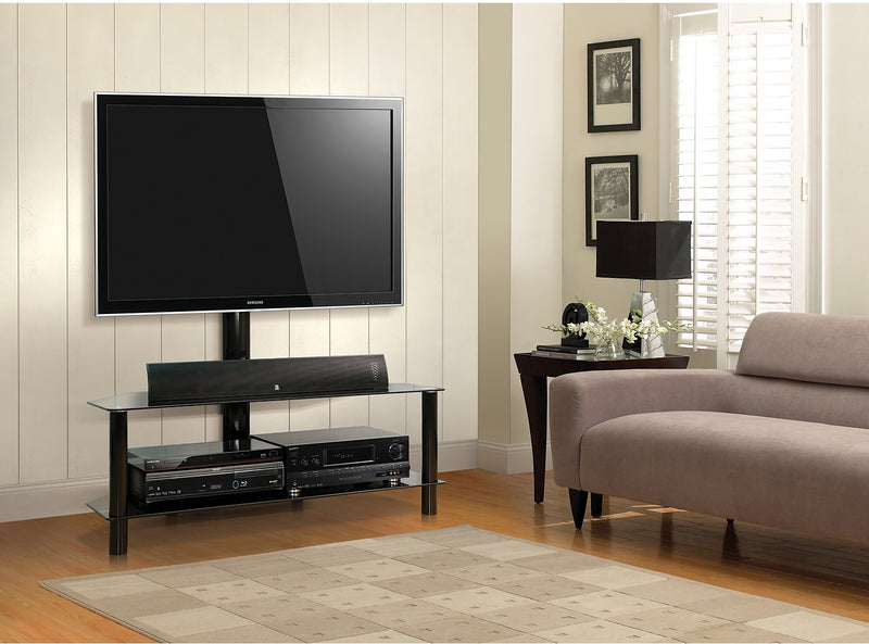 Meuble pour téléviseur moderne Bello de 52 po avec rangement et système de gestion des câbles pour téléviseurs jusqu’à 60 po - métal noir et verre