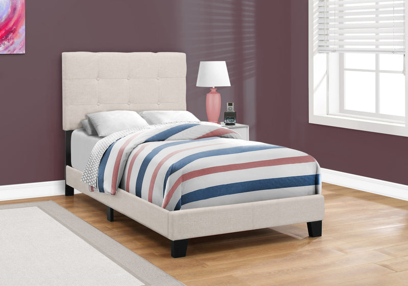 Lit rembourré Tara en tissu d’apparence lin beige avec capitonnage à boutons - format lit simple