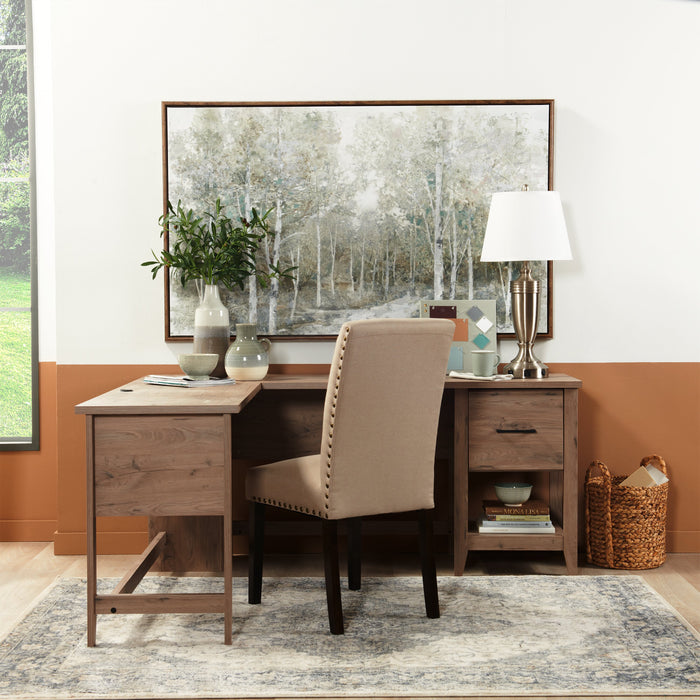 Chaise de salle à manger York en tissu d’apparence lin avec bordure de clous décoratifs - taupe