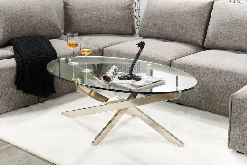 Table à café ronde moderne Zila de 48 po avec dessus en verre - argentée avec base en acier inoxydable
