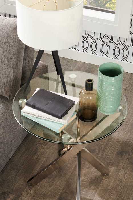 Table de bout ronde moderne Zila de 24 po avec dessus en verre - argentée avec base en acier inoxydable